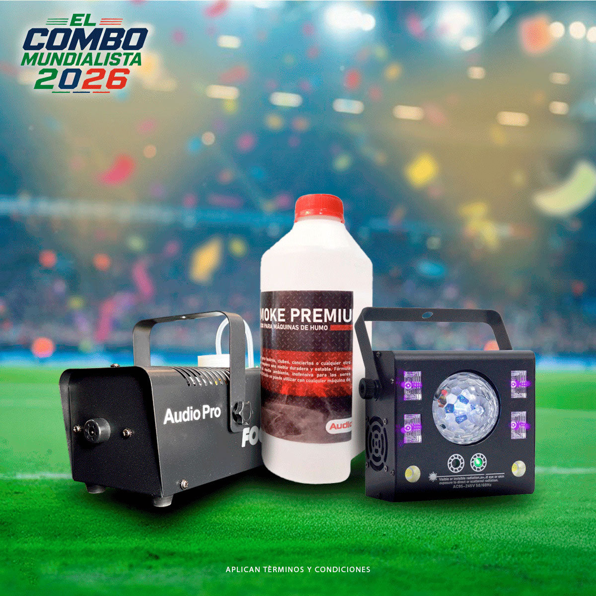 Combo Mundialista 2026: Luz Audiorítmica 4 en 1 + Máquina de Humo AudioPro FOG400 + Líquido
