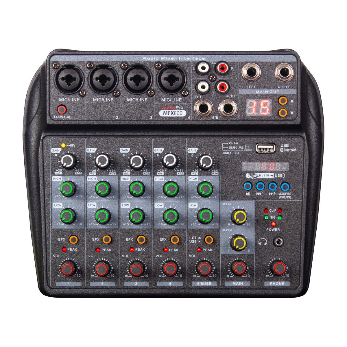 Consola Pasiva de 6 Canales, Con Interfaz + USB y Bluetooth AudioPro MFX800