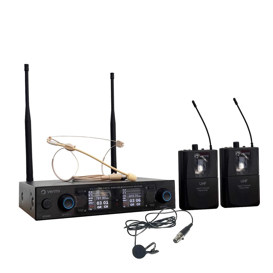 Sistema de Micrófonos Inalámbricos Vento WM232 UHF | Diadema Beige y Solapa