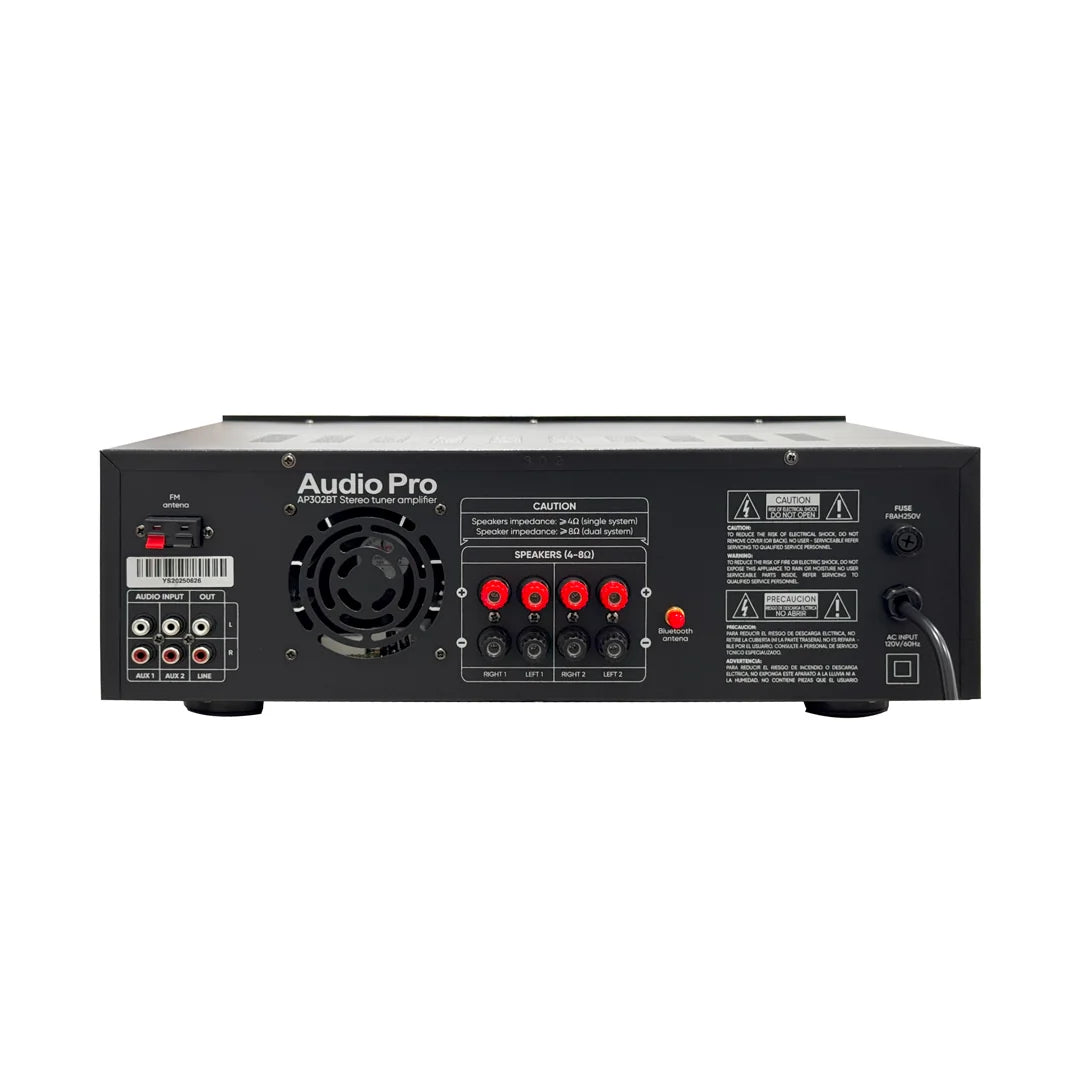 Panel posterior del amplificador AudioPro AP-302BT con conexiones RCA y salidas para parlantes pasivos