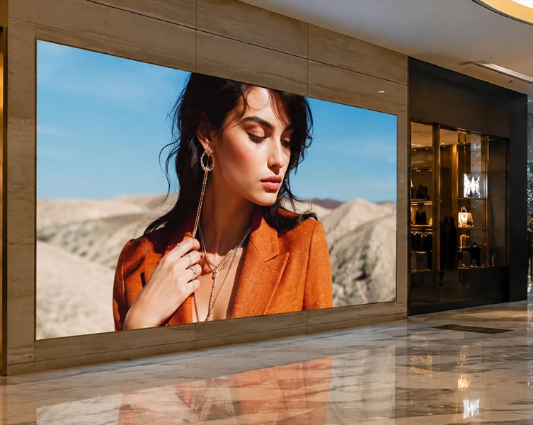 pantalla led vento prestige 3x2 instalada en una pared exterior de un local dentro de un centro comercial