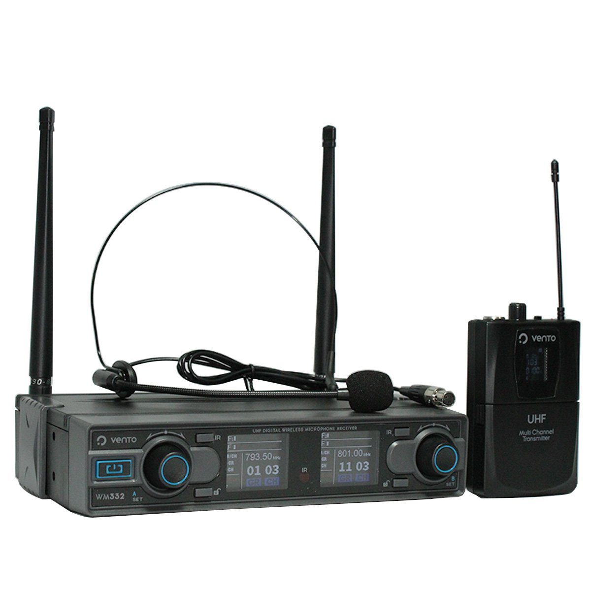 Micrófono inalámbrico tipo diadema color negro Heatset1 con Receptor estéreo WM332 Receiver con sistema diversity negro con control de volumen por canal y Emisor UHF Bodypack4 transmisor multicanal negro Vento