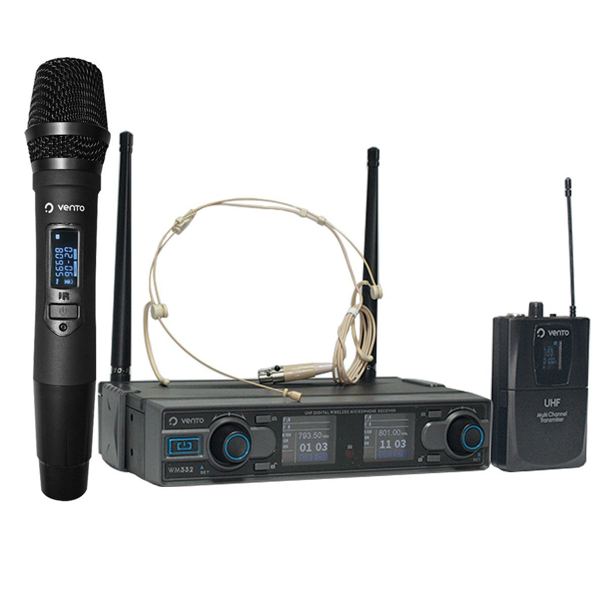 Micrófono inalámbrico de mano MH29 con Micrófono Inalámbrico Diadema Headset4 color piel y Emisor Bodypack4 con Receptor WM332 UHF Vento