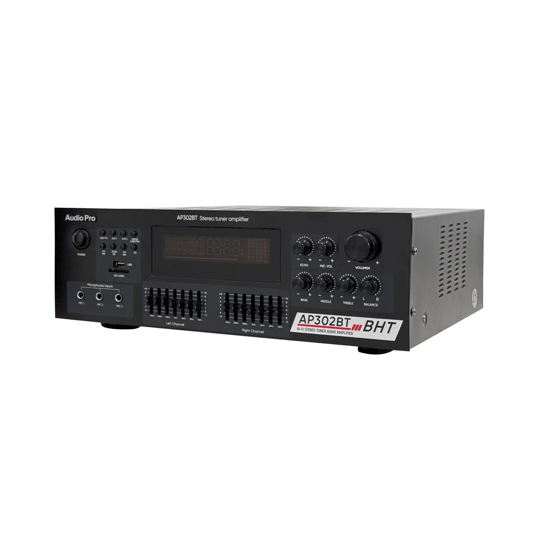 Amplificador AudioPro AP-302BT con Bluetooth, USB y radio FM en vista diagonal derecha