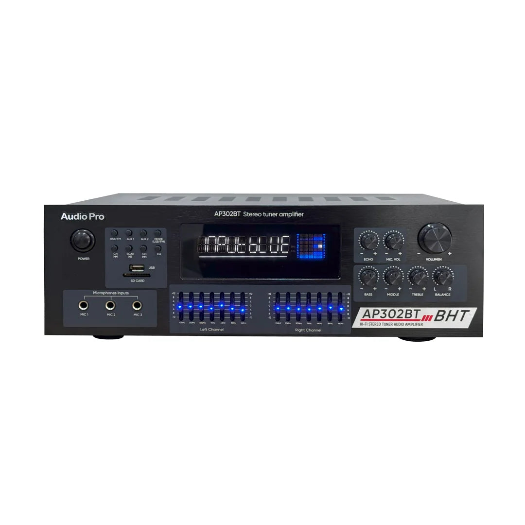 Amplificador estéreo AudioPro AP-302BT encendido con pantalla y ecualizador gráfico de 7 bandas