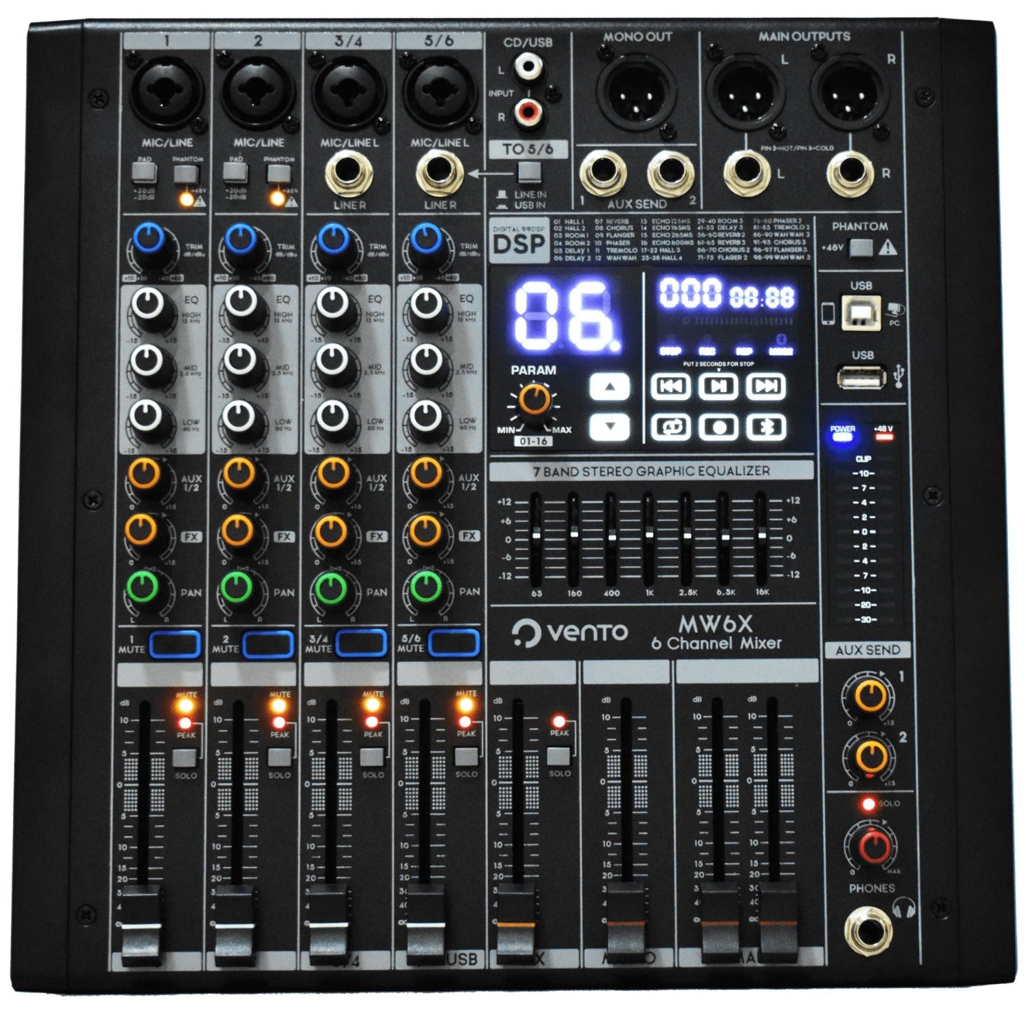 Mezclador de audio Pasivo 6 Canales con Interface y Efectos Vento MW6X